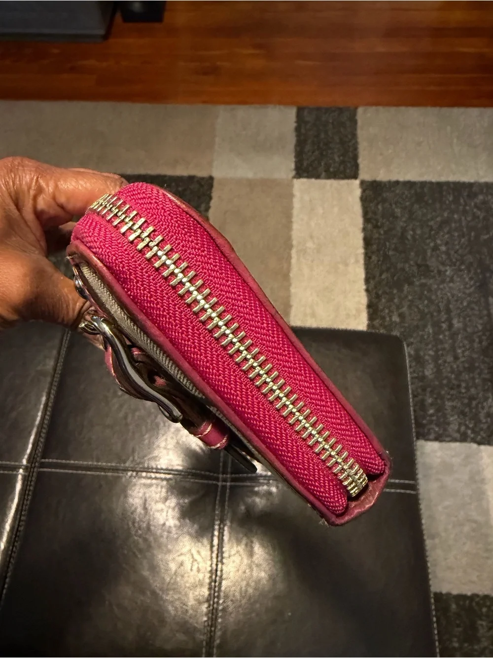 Coach Signature Buckle Accordion Zip Wallet Pink Leather Trim